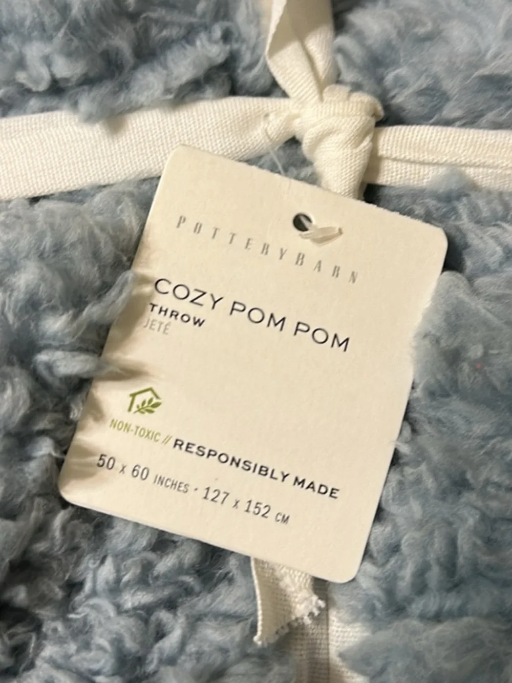 NWT Pottery Barn Cozy Pom Pom Throw Blanket Slate Blue 50x60 Sherpa Plush